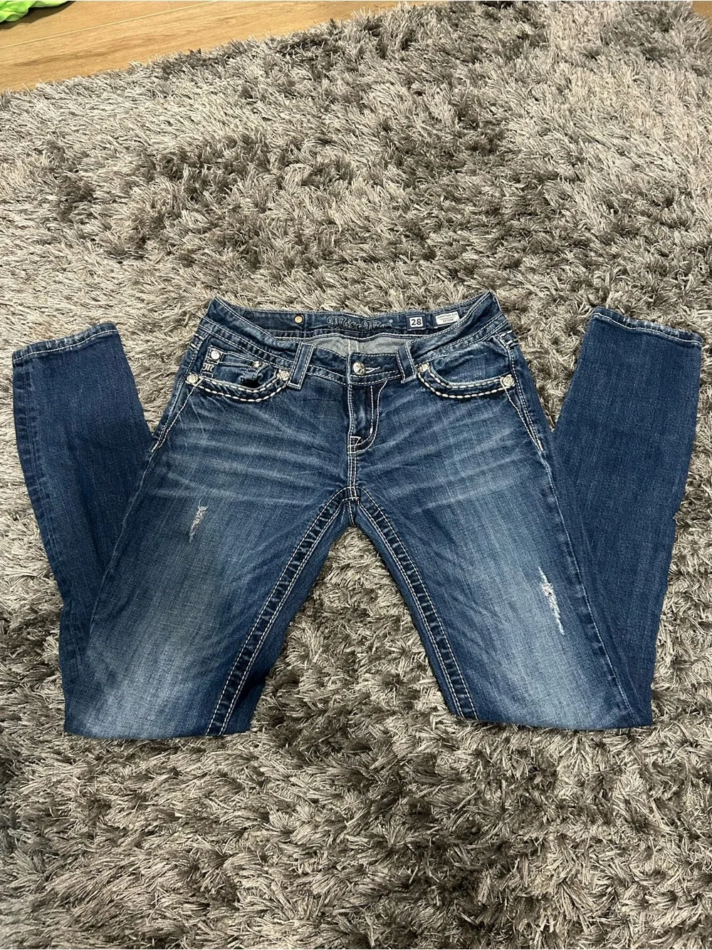 Miss Me Women's Dark Blue Skinny Jeans with Embroidered Peace Sign Pockets sz.28